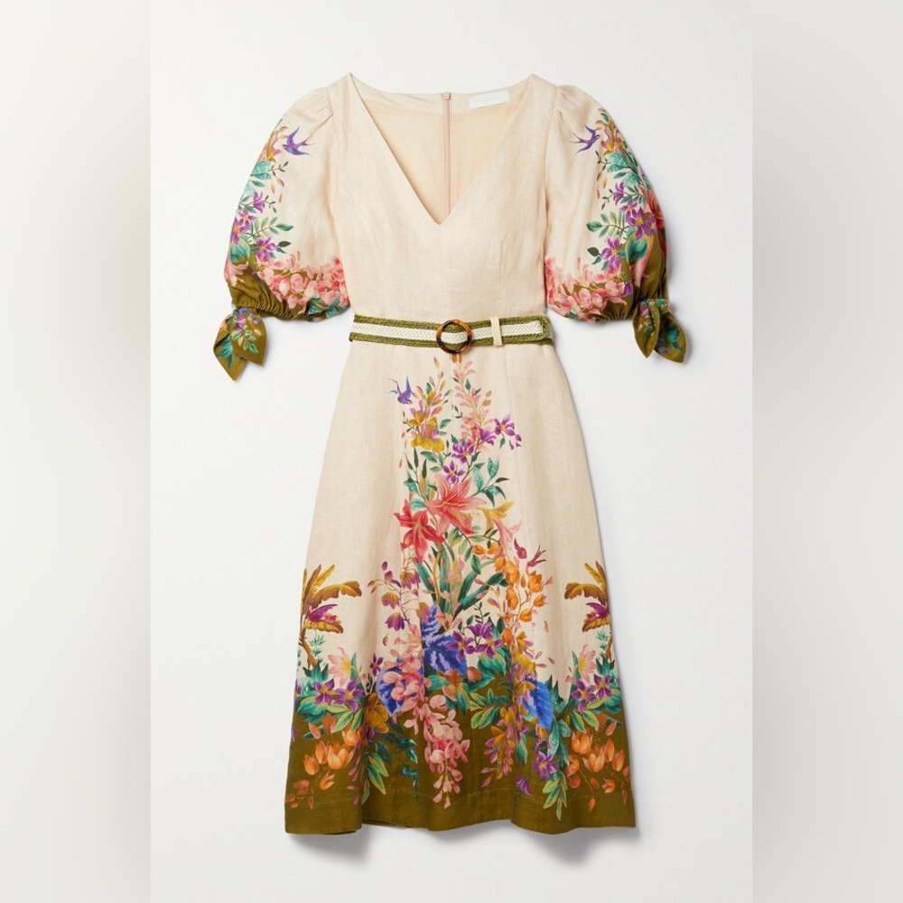 Zimmermann Tropicana Belted Floral-print Linen Dress - Cream